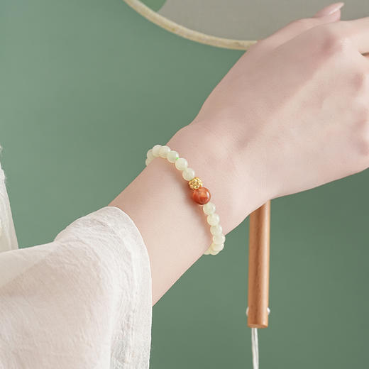 【花间·和田玉南红手串】敦煌天然和田玉南红转运珠手串女生浅晴水玉珠手链轻奢款闺蜜 商品图0