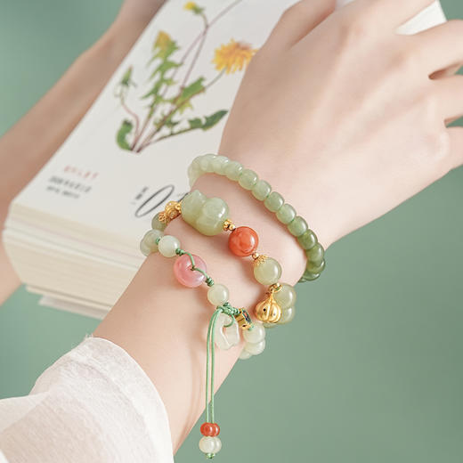 【映雪·和田玉梅花手绳】敦煌天然和田玉圆珠双流苏手绳梅花朵朵开玛瑙平安扣设计款手编手绳女 商品图11