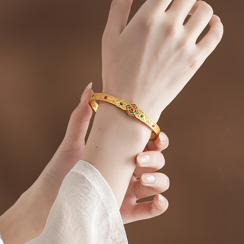 【红绿宝相花沙金手镯】敦煌新中式珐琅彩芍药花开口手镯新款个性时尚复古民族风沙金手镯礼物