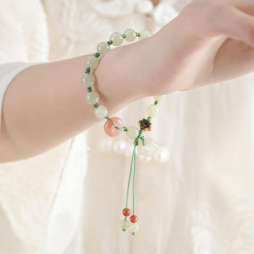 【映雪·和田玉梅花手绳】敦煌天然和田玉圆珠双流苏手绳梅花朵朵开玛瑙平安扣设计款手编手绳女 商品图2