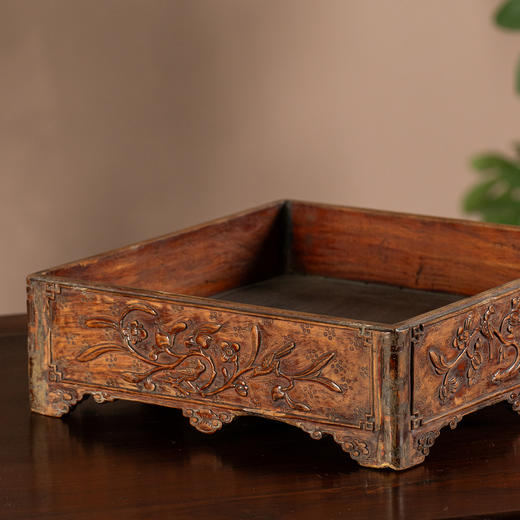 清	黄花梨浮雕花鸟纹方形呈盘 商品图0