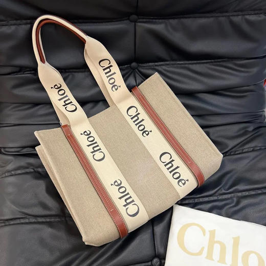 Chloe woody 中号 帆布拼皮 棕色 托特包 商品图0