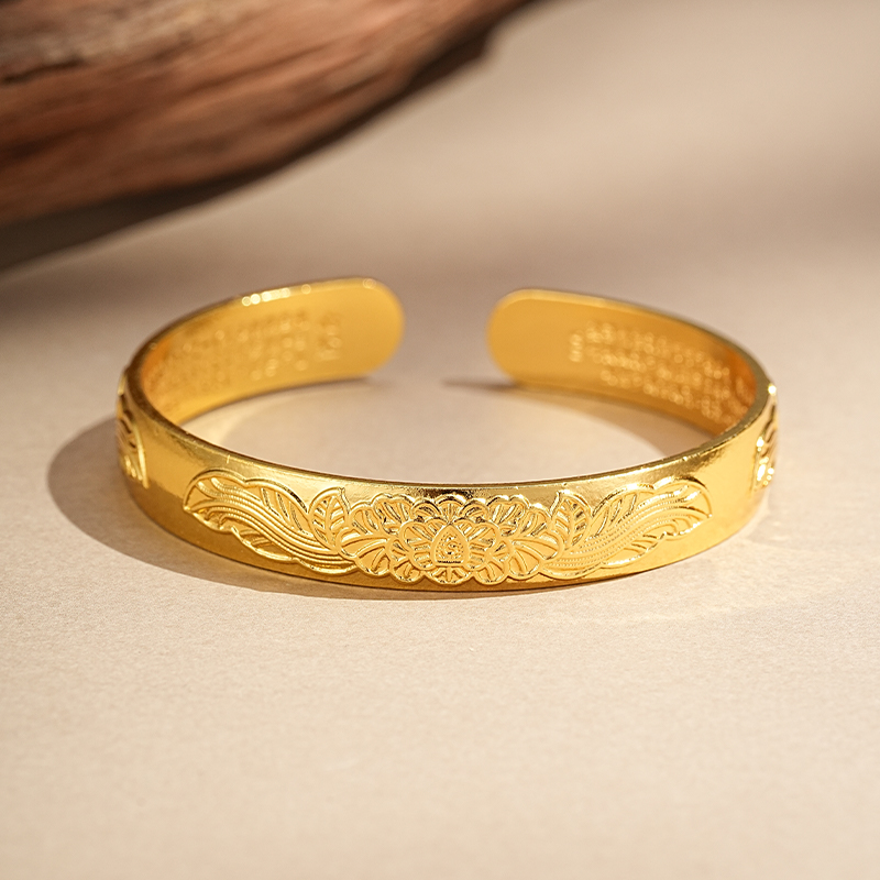 【牡丹沙金手镯】敦煌沙金宽版牡丹花心经开口手镯女新中式錾刻花朵开口手镯仿黄金实心小众高级感镯子