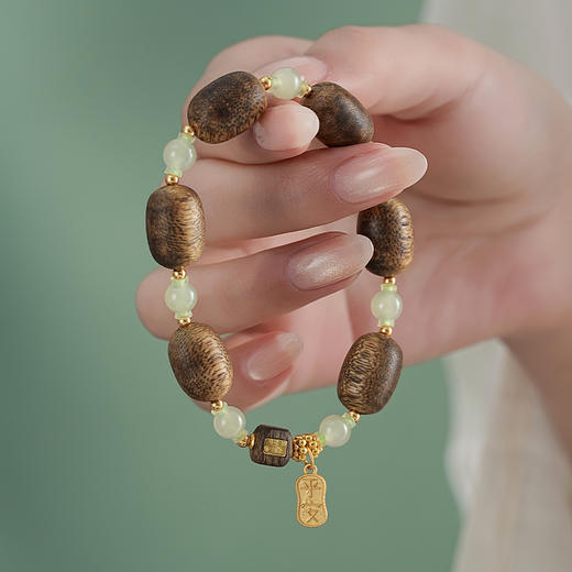 【暗香·和田玉沉香手串】敦煌沉香木桶珠天然和田玉圆珠手串新中式平安喜乐复古风文玩盘玩手串 商品图0