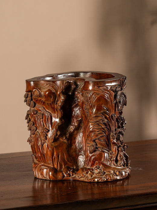 清	龙眼木满雕山水人物故事随形笔筒 商品图2