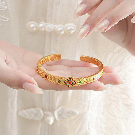 【红绿宝相花沙金手镯】敦煌新中式珐琅彩芍药花开口手镯新款个性时尚复古民族风沙金手镯礼物 商品图1