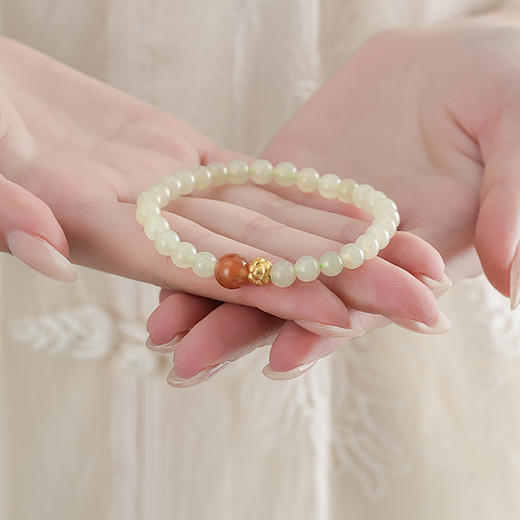 【花间·和田玉南红手串】敦煌天然和田玉南红转运珠手串女生浅晴水玉珠手链轻奢款闺蜜 商品图1