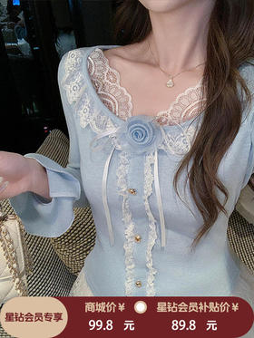 张心子【假日甜心】法式纯欲蕾丝针织衫女2026春新款别致修身上衣 U2602046