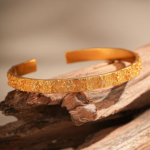 【点钻宝相花沙金手镯】敦煌新中式珐琅彩芍药花开口手镯新款个性时尚复古民族风沙金手镯礼物 商品图3