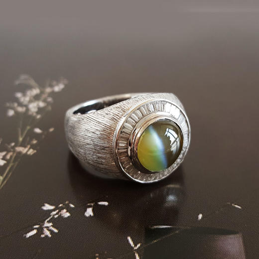 【天然正品】AU750收藏级白金豪镶钻镶GRS大证天然无烧蜜糖色5.02克拉金绿宝石猫眼戒指9.12*9.08*6.23MM（皆取最大值）14号120226NJS50 商品图6