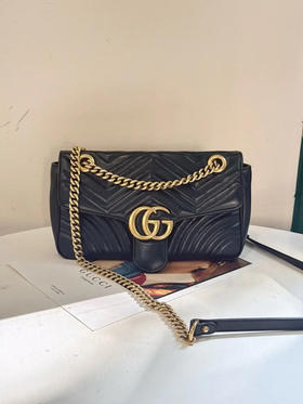 Gucci 双g 马蒙 中号 牛皮 黑金 斜挎包