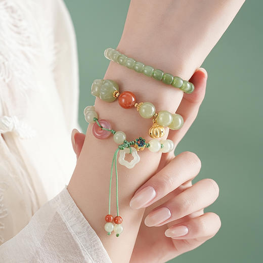 【映雪·和田玉梅花手绳】敦煌天然和田玉圆珠双流苏手绳梅花朵朵开玛瑙平安扣设计款手编手绳女 商品图10