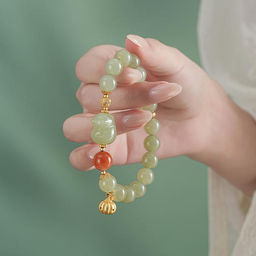 【喵玉招财·和田玉南红纯银手串】敦煌福泽和田玉趴趴猫手链搭配南红S925银饰品手串 商品图0