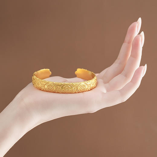 【宽镯宝相花沙金手镯】敦煌新中式珐琅彩芍药花开口手镯新款个性时尚复古民族风沙金手镯礼物 商品图1