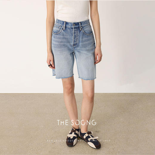 THESOONG|‘猫须毛边裤’13.3盎司做旧水洗中腰排扣牛仔短裤女8435 商品图3