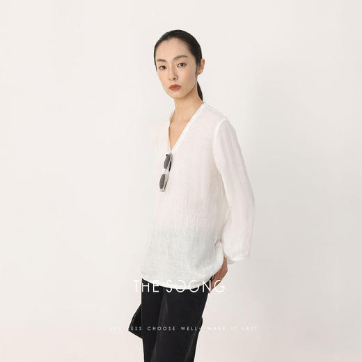 THESOONG早春新款纯亚麻酵洗加软细腻肌理感V领长袖T恤HWTX8529 商品图11