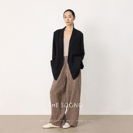 THESOONG|‘松弛哲学’亚麻混纺高腰筋骨感宽松直筒格子休闲裤8562 商品图0