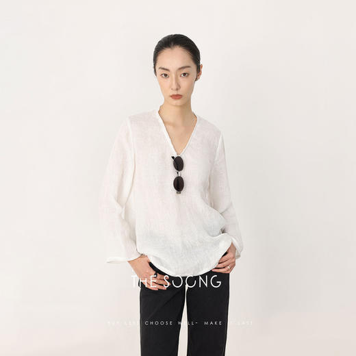 THESOONG早春新款纯亚麻酵洗加软细腻肌理感V领长袖T恤HWTX8529 商品图8