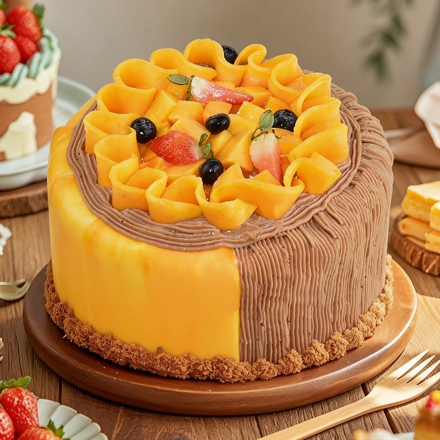 【栗子芒果】 一个蛋糕两个口味，左边芒果蛋糕，右边栗子蛋糕