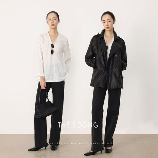 THESOONG早春新款纯亚麻酵洗加软细腻肌理感V领长袖T恤HWTX8529 商品图9