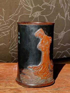 黑漆地雕洛神赋图文竹雕笔筒，顺丰包邮