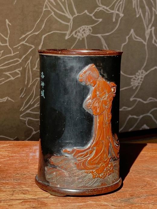 黑漆地雕洛神赋图文竹雕笔筒，顺丰包邮 商品图0