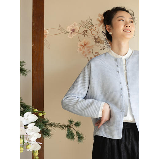 牧衣游原创 打条丝棉外套女新款轻薄宽松蓝色百搭文艺开衫 初醒 商品图3
