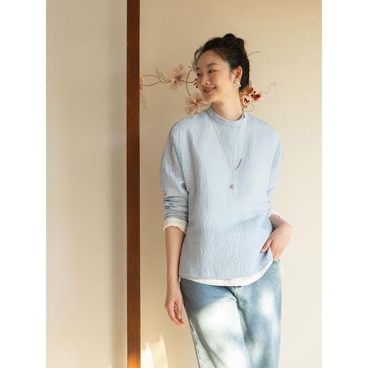 牧衣游原创100支打条棉质衬衫新款宽松蓝色圆领百搭文艺上衣 所若 商品图3