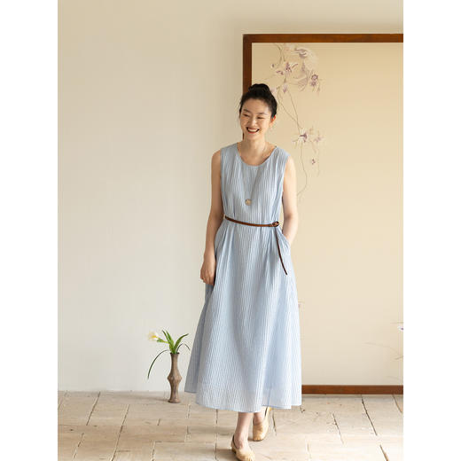 牧衣游原创 100支打条无袖棉质连衣裙新款宽松蓝色文艺长裙 迎风 商品图1