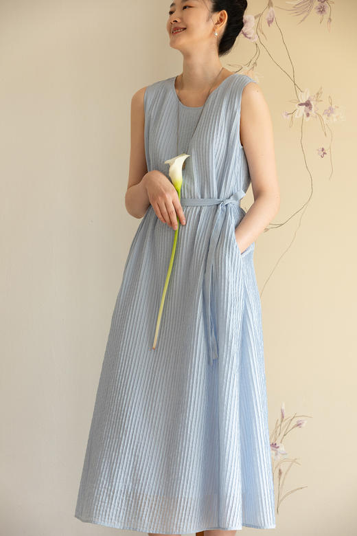 牧衣游原创 100支打条无袖棉质连衣裙新款宽松蓝色文艺长裙 迎风 商品图5