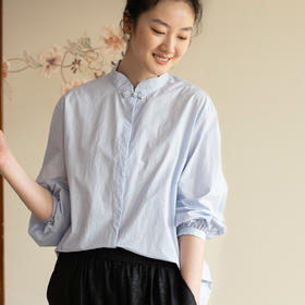 牧衣游原创 80支净色棉质衬衫女新款复古百搭宽松蓝色衬衣 舒川