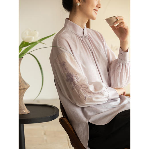 牧衣游原创 丝棉机绣小衫新款轻薄通勤气质文艺百搭中式衬衫 见荧 商品图1