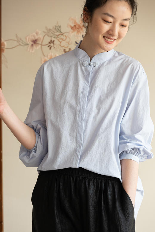 牧衣游原创 80支净色棉质衬衫女新款复古百搭宽松蓝色衬衣 舒川 商品图5