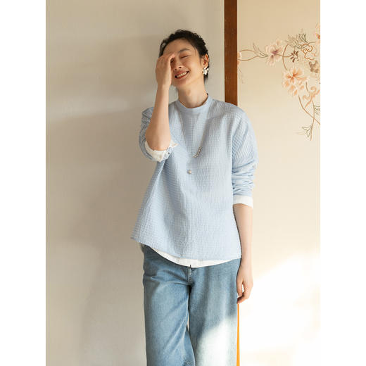 牧衣游原创100支打条棉质衬衫新款宽松蓝色圆领百搭文艺上衣 所若 商品图1