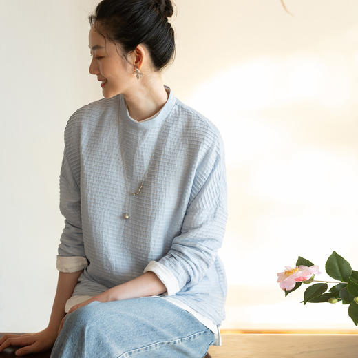 牧衣游原创100支打条棉质衬衫新款宽松蓝色圆领百搭文艺上衣 所若 商品图0