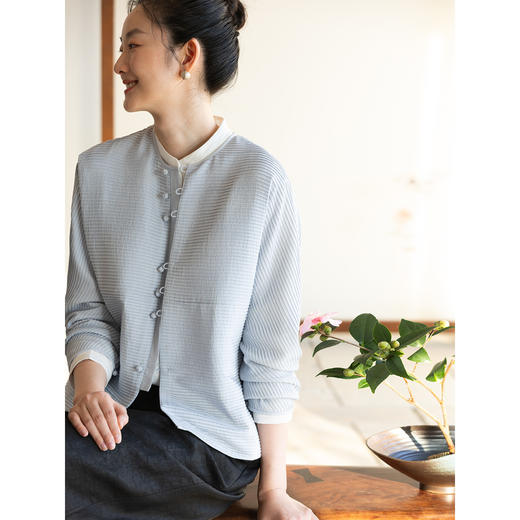 牧衣游原创 打条丝棉外套女新款轻薄宽松蓝色百搭文艺开衫 初醒 商品图1