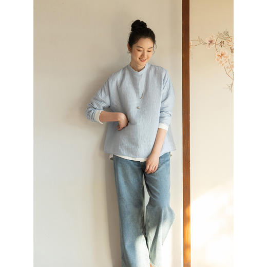 牧衣游原创100支打条棉质衬衫新款宽松蓝色圆领百搭文艺上衣 所若 商品图2