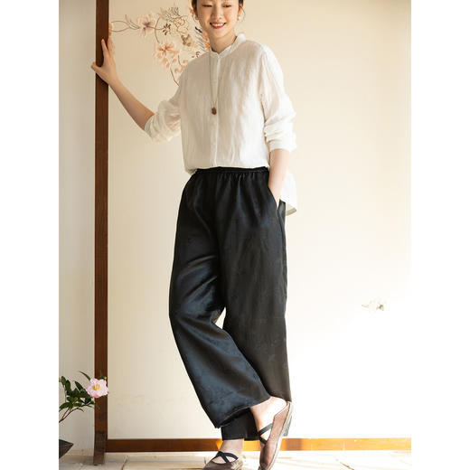 牧衣游原创 25姆米重磅香云纱休闲长裤新款黑色垂感真丝裤子 纸雀 商品图3
