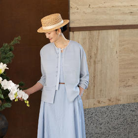 牧衣游原创 打条丝棉外套女新款轻薄宽松蓝色百搭文艺开衫 初醒