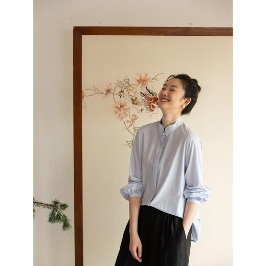 牧衣游原创 80支净色棉质衬衫女新款复古百搭宽松蓝色衬衣 舒川 商品图1