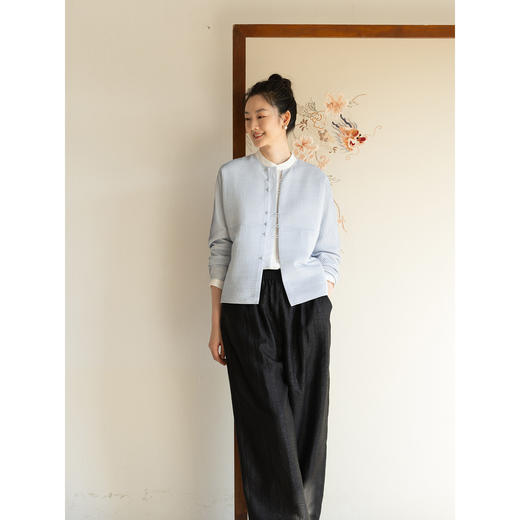 牧衣游原创 打条丝棉外套女新款轻薄宽松蓝色百搭文艺开衫 初醒 商品图2