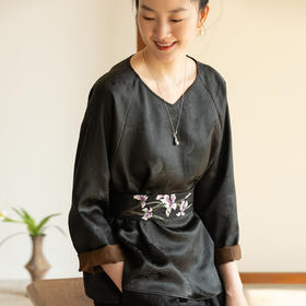 牧衣游原创 22姆米重磅提花香云纱小衫禅意复古真丝中式上衣 映棠