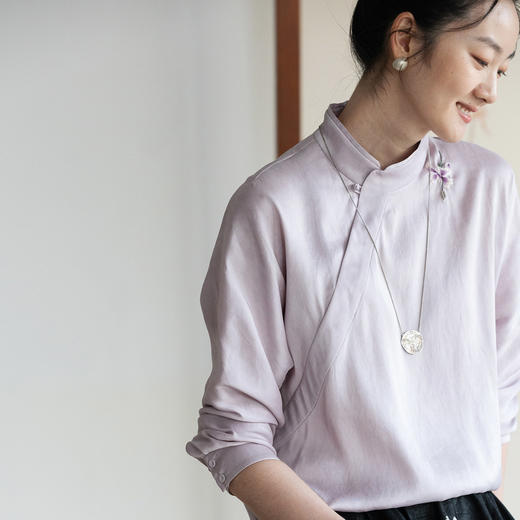 牧衣游原创 22姆米重磅双宫绸净色真丝衬衫新中式真丝上衣 知语 商品图0