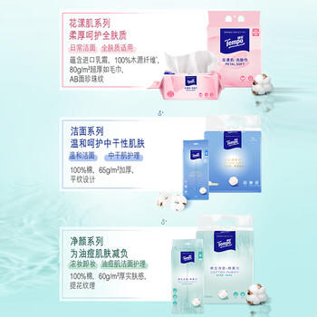 得宝（TEMPO）悬挂洗脸巾 70抽*3包 100%纯棉 一次性毛巾 提花纹理 棉柔巾婴儿 /家庭清洁/纸品 /清洁纸品 /洗脸巾 商品图0