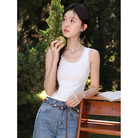 鹿向南「书语白霜」白色拼接蕾丝无袖内搭背心女春季短款吊带上衣