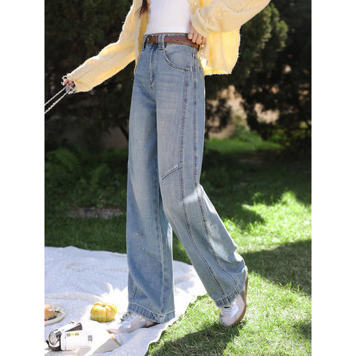 鹿向南「纵蓝谜底」蓝色直筒牛仔裤女春季新款宽松时尚设计感长裤 商品图0