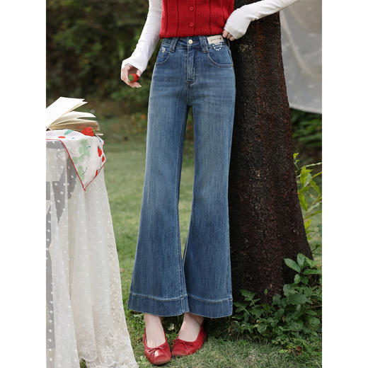 鹿向南「纤细公式」蓝色复古微喇牛仔裤女春季修身高腰通勤长裤子 商品图0