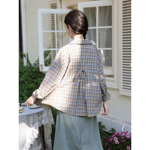 鹿向南「随性蓝调」复古慵懒风格纹衬衫女春宽松休闲翻领长袖上衣 商品图3