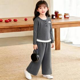 千字童女童套装秋季新款儿童韩版时髦软糯假两件上衣裤子套装80-160★娃娃优选