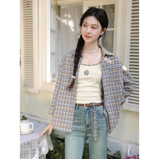 鹿向南「随性蓝调」复古慵懒风格纹衬衫女春宽松休闲翻领长袖上衣 商品图1